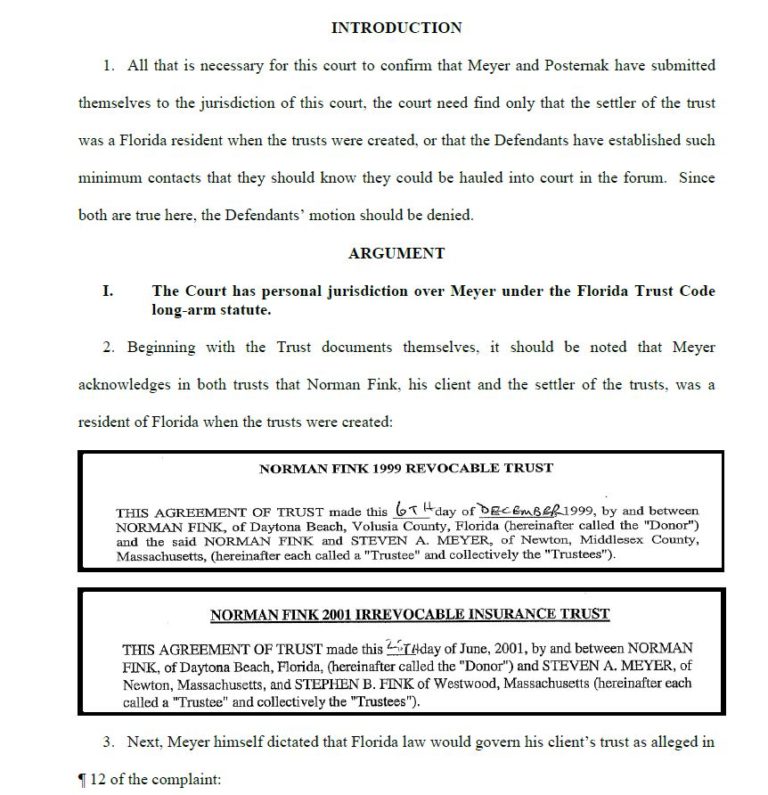 Jurisdiction in a Florida Trust Administration Case Fink v. Steven